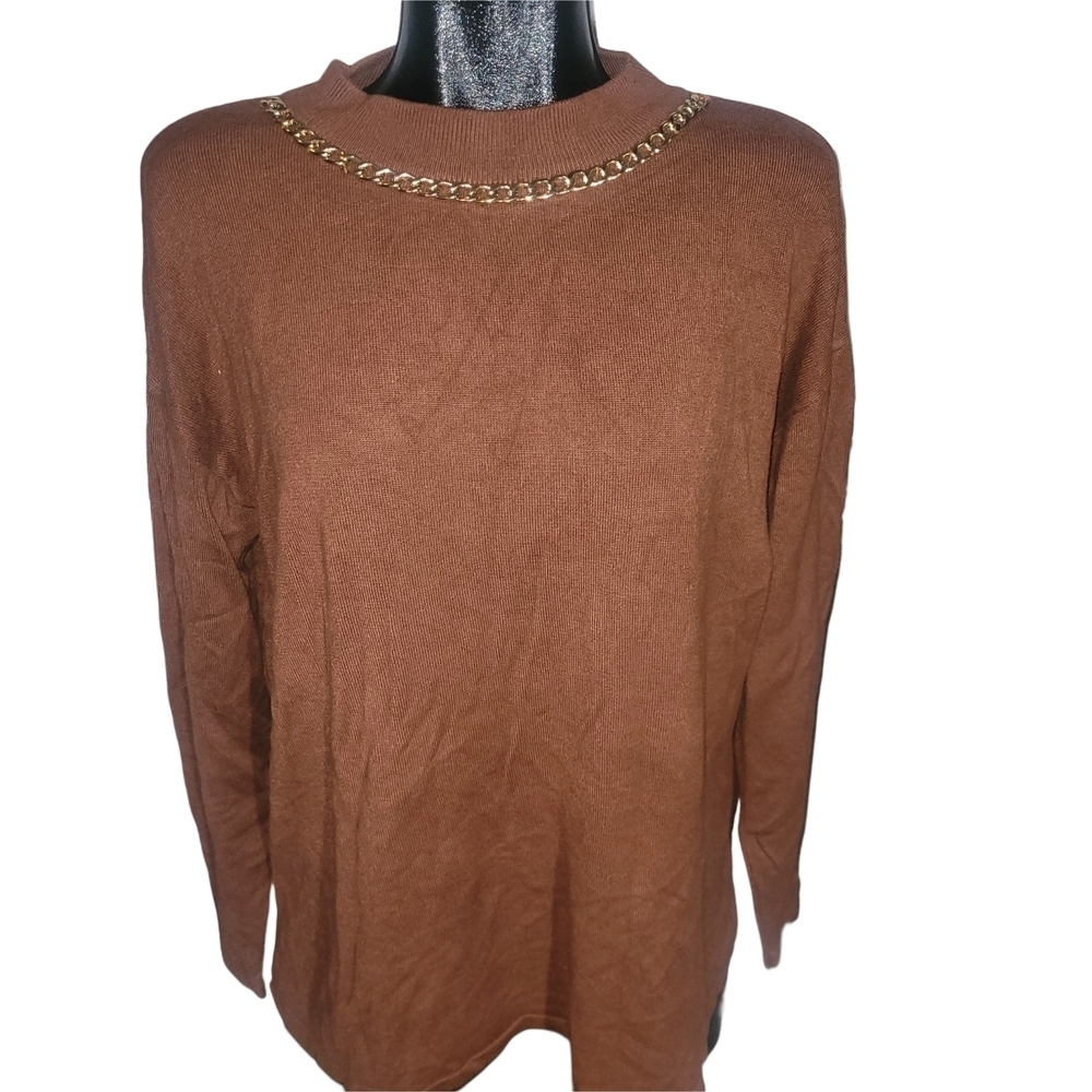 Laura Brown Chain-Detailed Neckline Women's Light Sweater M